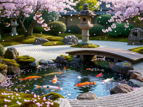 Zen Garden with Koi Pond and Cherry Blossoms