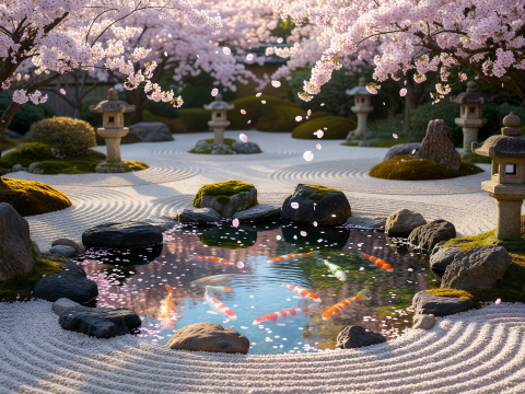 Zen Garden with Koi Pond and Cherry Blossoms