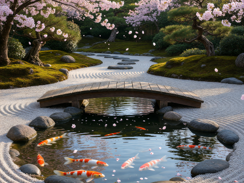 Zen Garden with Koi Pond and Cherry Blossoms