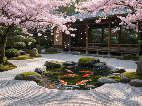 Zen Garden with Koi Pond and Cherry Blossoms