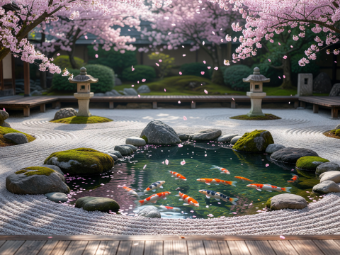 Zen Garden with Koi Pond and Cherry Blossoms