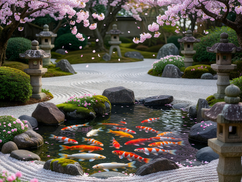 Zen Garden with Koi Pond and Cherry Blossoms