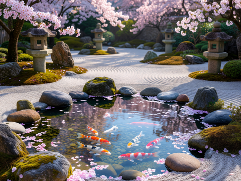 Zen Garden with Koi Pond and Cherry Blossoms