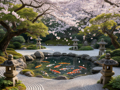 Zen Garden with Koi Pond and Cherry Blossoms in Spring