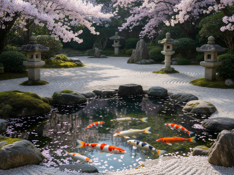 Zen Garden with Koi Pond and Cherry Blossoms in Spring