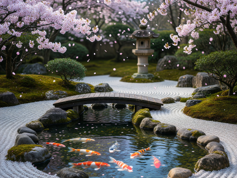 Zen Garden with Koi Pond and Cherry Blossoms in Spring