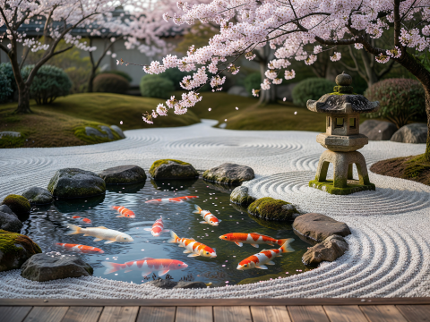 Zen Garden with Koi Pond and Sakura Blossoms