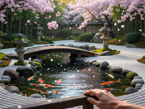 Zen Harmony: Koi Pond with Cherry Blossoms in Japanese Garden