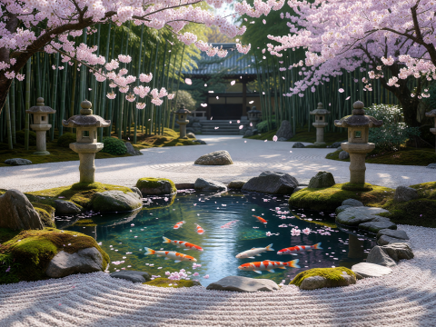 Zen Harmony: Koi Pond with Cherry Blossoms in Japanese Garden