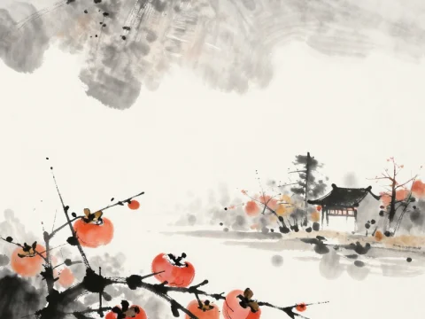 Zen Ink Autumn Landscape with Persimmons