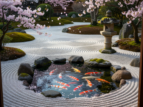 Zen Japanese Garden with Koi Pond and Cherry Blossoms