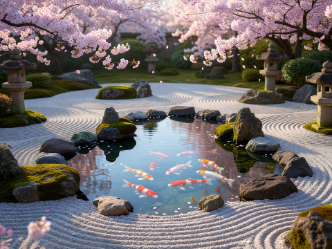 Zen Japanese Garden with Koi Pond and Cherry Blossoms