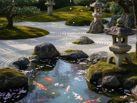 Zen Japanese Garden with Koi Pond and Cherry Blossoms