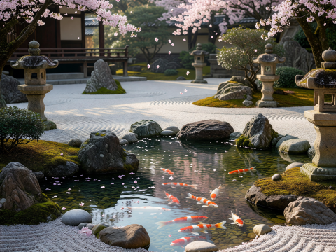 Zen Japanese Garden with Koi Pond and Cherry Blossoms
