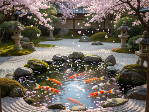 Zen Koi Pond with Cherry Blossoms in Japanese Garden