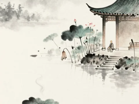 Zen Lotus Monk by a Tranquil Pavilion