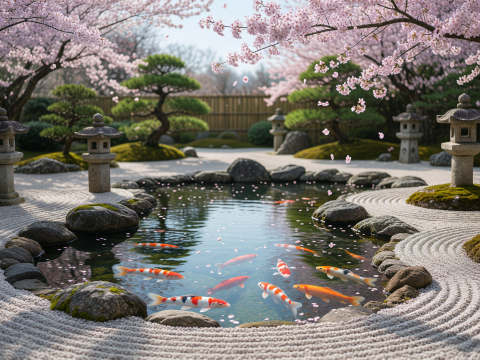 Zen Serenity in a Japanese Koi Pond Garden