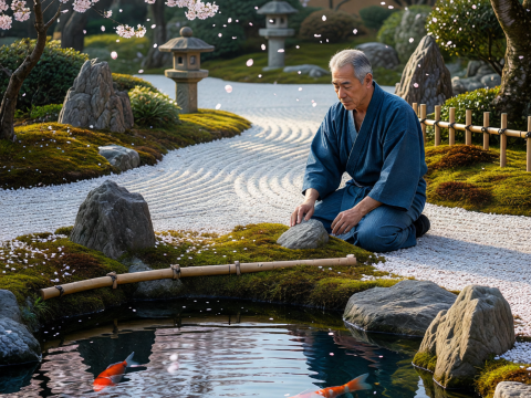 Zen Serenity in a Japanese Koi Pond with Blossoms