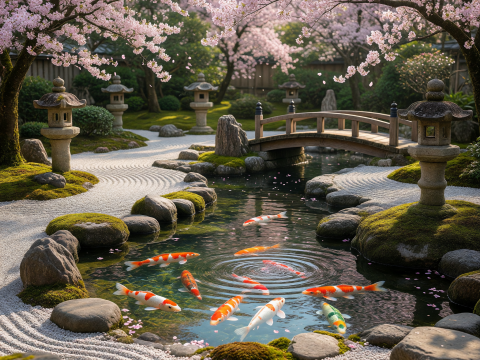 Zen Serenity in a Japanese Koi Pond with Cherry Blossoms