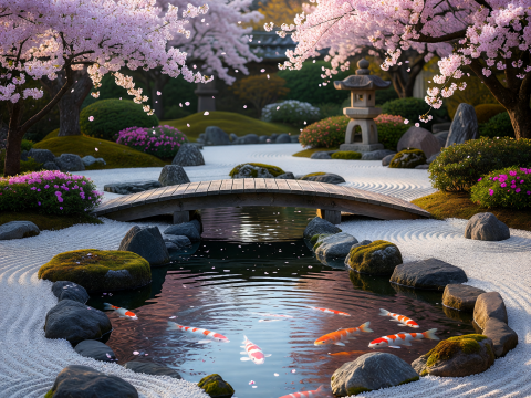 Zen Serenity in a Japanese Koi Pond with Cherry Blossoms