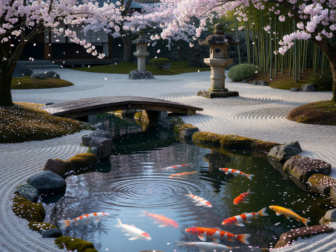 Zen Serenity in a Japanese Koi Pond with Cherry Blossoms