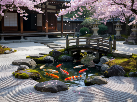 Zen Serenity in a Japanese Koi Pond with Sakura Blossoms
