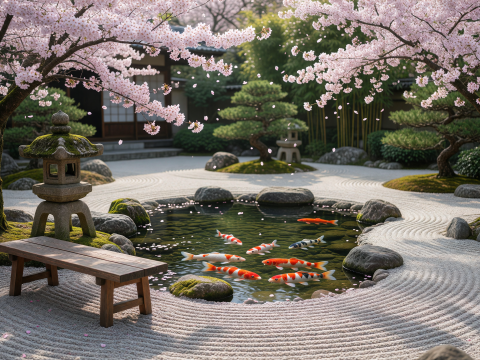 Zen Serenity in a Japanese Koi Pond with Sakura Blossoms