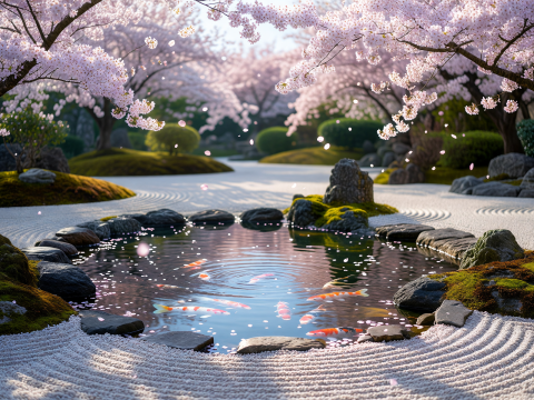 Zen Serenity in a Koi Pond with Sakura Blossoms
