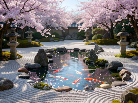 Zen Serenity: Koi Pond Amid Cherry Blossoms
