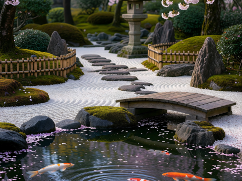 Zen Serenity: Koi Pond Under Cherry Blossoms