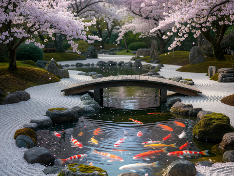 Zen Serenity: Koi Pond Under Sakura Blossoms