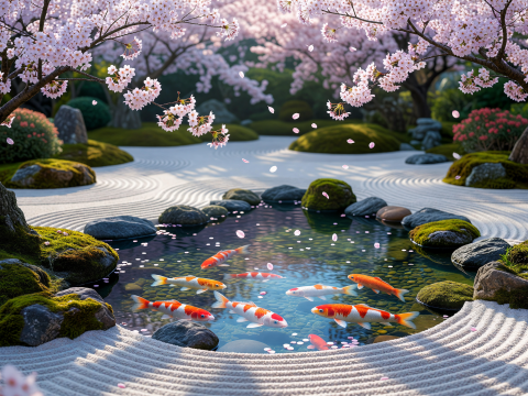 Zen Serenity: Koi Pond with Cherry Blossoms in Japanese Garden