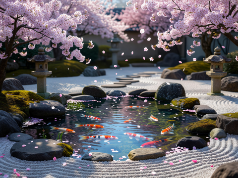 Zen Serenity: Koi Pond with Cherry Blossoms in Japanese Garden