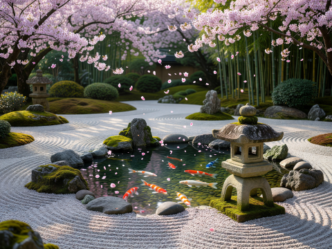 Zen Serenity: Koi Pond with Cherry Blossoms in Japanese Garden
