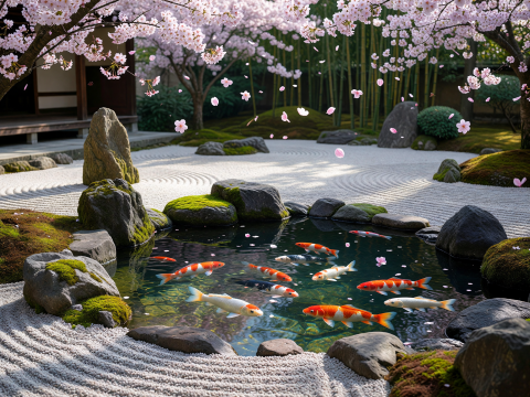 Zen Serenity: Koi Pond with Cherry Blossoms in Japanese Garden