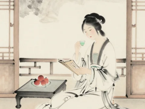 Zen Woman Enjoying Tea and Reading in Traditional Ink Style