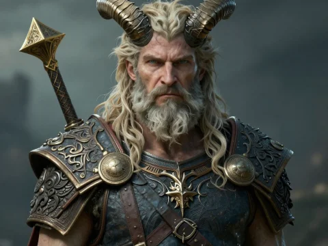 Zeus Ammon Warrior with Horned Helmet and Ornate Armor