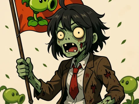 Zombie Character Holding Peashooter Flag
