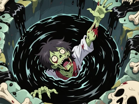 Zombie Reaching Out from Dark Pit in Anime Style