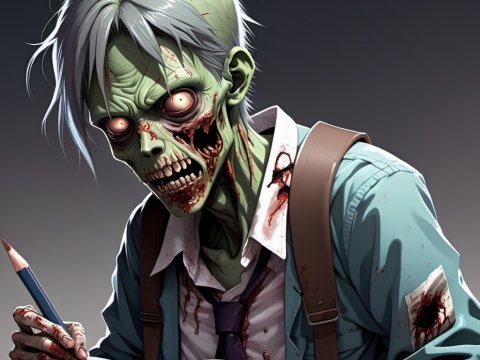 Zombie Student Studying with a Pencil